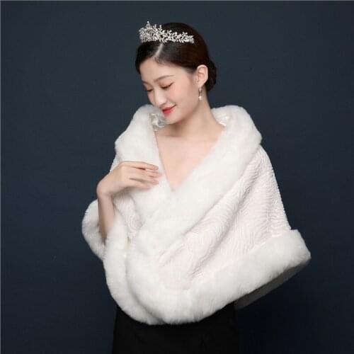 Womens Ladies Wedding Shawl Faux Fur Cashmere Bride Cape Winter Shrug Bolero White