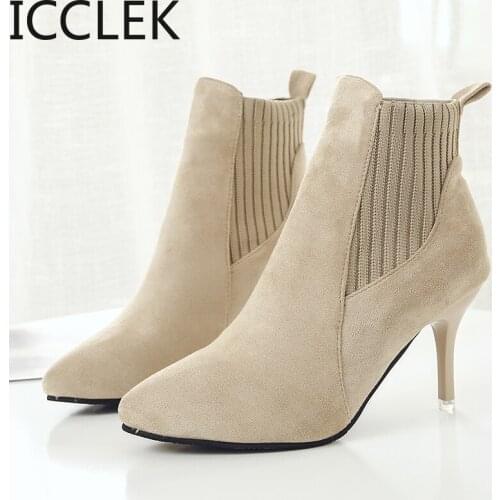 Women Boots Ankle Short Boots Flock Pointed Toe 7CM Thin Heels Winter Booties Woman Wool Elastic Slip on Women Martin Boots