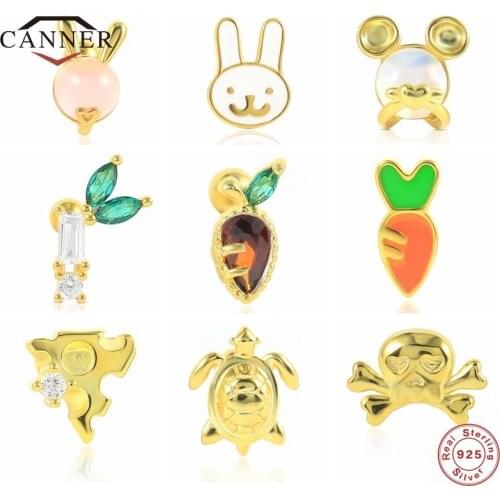 CANNER Small Cute 925 Sterling Silver Rabbit Carrot Tortoise Zircon Stud Earrings for Women Cartilage Piercing Earring Jewelry
