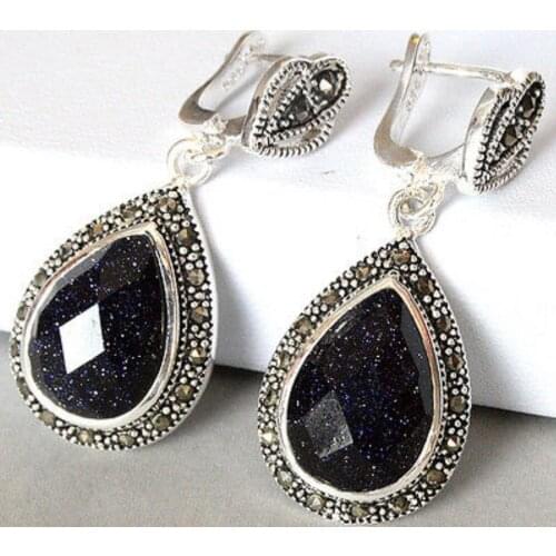 Hot Sell ladys 925 Silver Natural Blue Sand jade Marcasite Drop Earrings