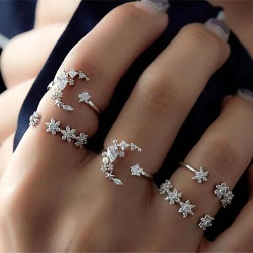 5pcs/set Vintage Crystal Moon Star Knuckle Finger Rings Antuque Silver Boho Female Open Rings Wedding Party Jewelry For Women