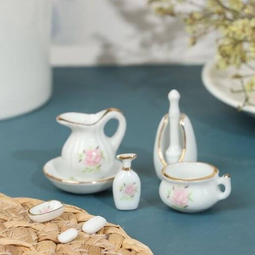 8Pcs/set 1/12 Scale Dollhouse Miniature Vintage style Bathroom Accessory Rose Floral Ceramic Dollhouse Furniture Accessories