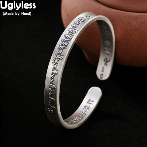 Uglyless Real Thai Silver Tibetan Blessing Bangles for Women Real 99.9% Full Silver Square Bangles Opening Buddhism Fine Jewelry