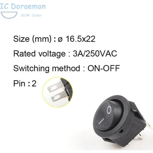 Diameter Small Round Boat Rocker Switches Black Mini Round Black 2 Pin ON-OFF Rocker Switch 5PCS KCD1-105