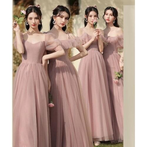 Bridesmaids Dresses Illusion Short V-Neck Lace Tulle Spaghetti Straps Floor-Length Vintage Pink Women Wedding Party Gown E690
