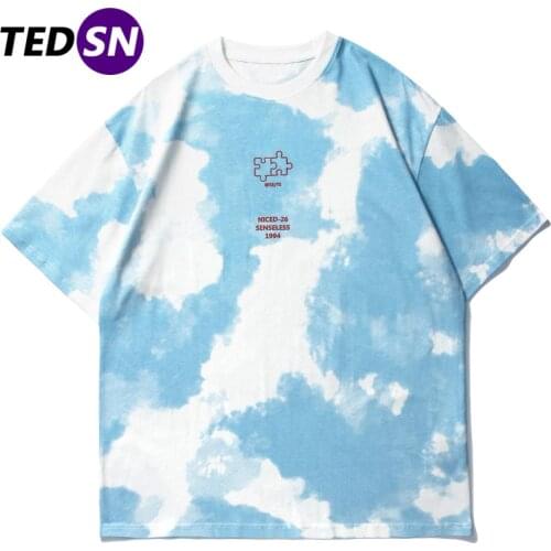Hip Hop Tie Dye T-Shirt Streetwear Letter Puzzle Printed Tshirt 2021 Men Summer Sky T Shirt Harajuku Cotton Short Sleeve Top Tee