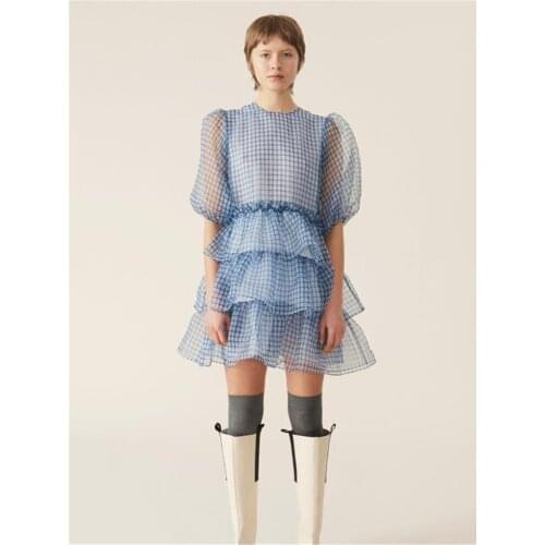 Summer Women Puff Sleeve Mini Dress Lady Elegant Loose Plaid Layered Trim Short Dresses Girls Plus Size Gauze Clothes