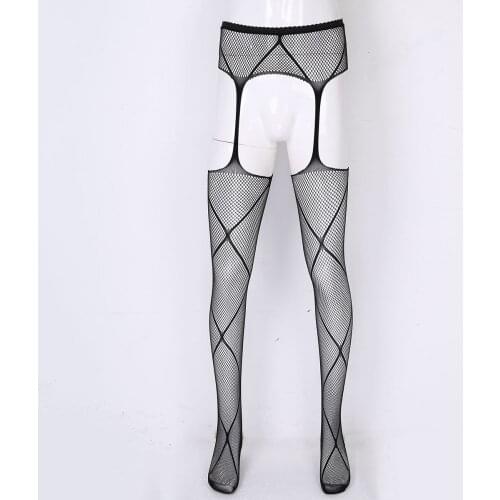 Mens Stretchy Hollow Out Sexy Fishnet Stockings Tights See-through Crotchless Pantyhose Sissy Teddies for Lingerie Clubwear