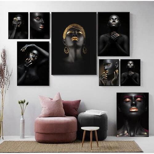 AHPAINTING Wall Art Picture Figure Painting Golden Black Woman Canvas Print Posters and Prints For Living Room