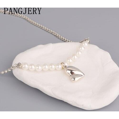 PANGJERY 925 Sterling Silver Pearl Necklaces for Women INS Fashion Simple Exquisite Smooth Shiny LOVE Heart Wedding Jewelry Gift