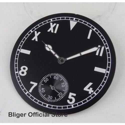 Fit For ETA 6498 Hand Winding Movement Watch Parts 38.9MM Black Sterile Dial Roman Arabic Numerals Watch Dial+Watch Hands