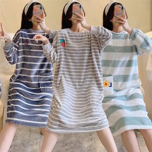 Casual Striped Thick Warm Flannel Nightgowns Women Winter Long Sleeve Coral Velvet Loose Sleepwear Night Dress Nightdress Nighty
