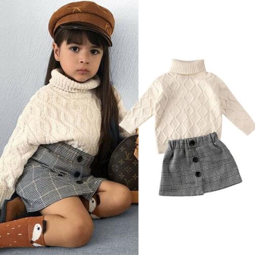 PUDCOCO Stylish 2PCS Toddler Baby Girl Autumn Winter Clothes Set Knitted Sweater Tops+Plaid Skirt Outfit 2-7Y