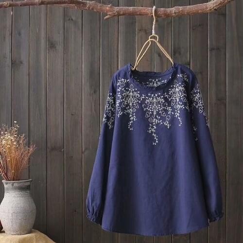 Shirred Neck Embroidery Floral Shirt Long Lantern Sleeve Loose Tops Blusas Casual Navy White Womens Tops And Blouses 2021 Blusa