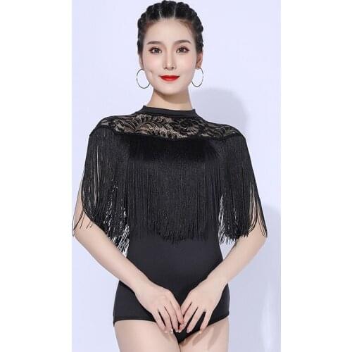 Tassel Latin Dance Tops Lace Stitching Leotard Summer Cha Cha Tango Performance Dancewear Women Waltz Practice Wear VDB3778
