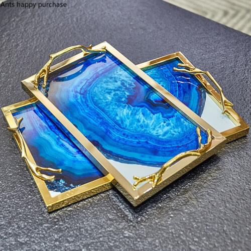 Blue Agate Pattern Storage Tray Metal Glass Binaural Decorative Plate Round Rectangular Tea Table Storage Tea Tray Jewelry Dish