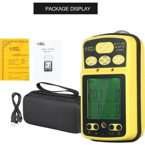 SMART SENSOR ST8990 Gas Monitor Rechargeable 4 in 1 O₂ LEL CO H₂S Gas Detector Tester Sensor with Backlight Alarm Function