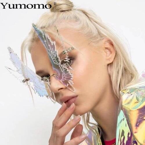 Fashion Oversized personality Wing Shape Sunglasses Women Vintage Rimless Clear Purple Green Eyewear Men Eagle Wing Glasses