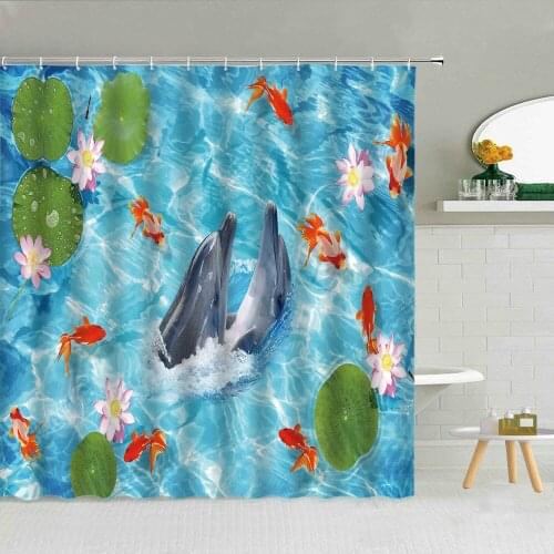Waterproof 3D Printing Ocean Dolphins Lotus Frolicking Polyester Fabric Bathtub Decor With Hooks High Quality Bath Screen