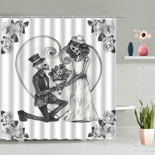 Halloween Skull Shower Curtains Skeleton Couple Pattern Hand-Painted Bathroom Decoration Bath Curtain Washable With Hooks Set