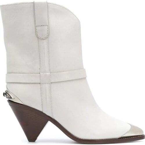 Women Shoes Paris Metal Toe Cap White Leather Boots New Season Mid Cone Heel Boots