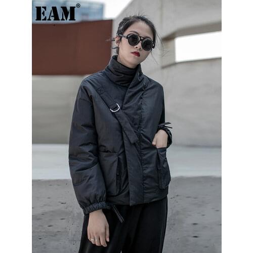 [EAM] Black Warm Buckle Cotton-padded Coat Long Sleeve Loose Fit Women Parkas Fashion Tide New Spring Autumn 2021 19A-a819