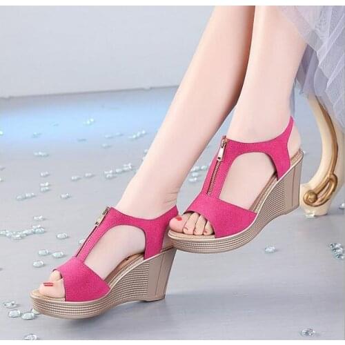 Red Fashion Classic Women Sandals Wedge Sandals Platform Zip Summer Women Shoes Black Peep Toe Ladies Sandals Women Shoes