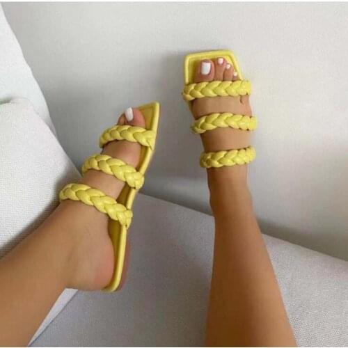 2021 summer women new square-head woven twist three-layer large size flat-bottom beach sandals outdoor all-match slippers