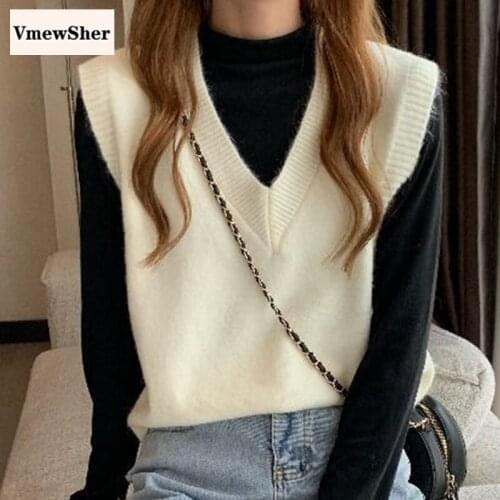 VmewSher New Spring Autumn Women Sweater Vest Soft Sleeveless V Neck Lady Elegant Knit Pullover Solid Basic Jumper Top Waistcoat