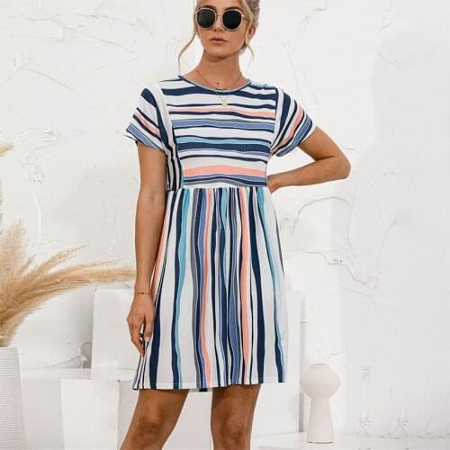 Women Sexy O-neck Short Sleeve Striped Mini Dress 2021 Summer Elgent Casual Office Slim Ladies Party Robe Vestidos Femme