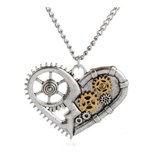 1pc sale antique silver heart with hollowed gears steampunk pendant necklace fashion jewelry