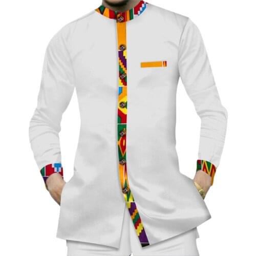 Casual 100% Cotton men%27s+shirts African clothes Dashiki Kente Patchwork Print Shirt Tops Bazin Riche African men suit 2pcs Set