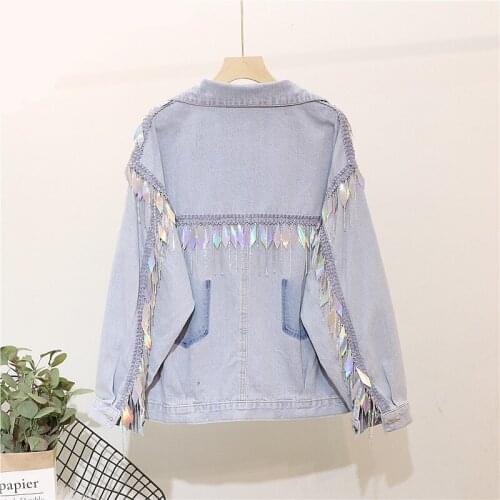 2019 Special Offer New Full Casaco Bomber Jaqueta Feminina Jeans Jacket Women Back Heavy Work Sequins Fringed Rhinestone Female