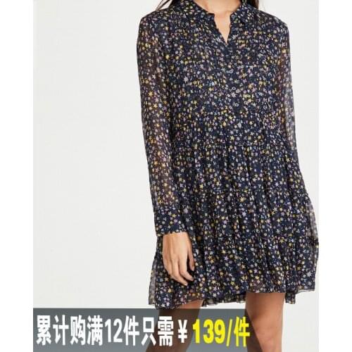 21 spring and summer French pentagonal star print long sleeve dress silk like waist pleated skirt lady fashion