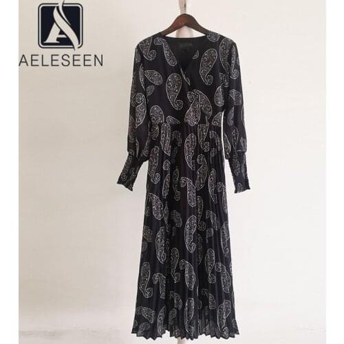 AELESEEN Vintage Women Dress 2021 Spring Summer V-Neck Runway Fashion Flower Print Long Sleeve Pleated Elegant Party Dress