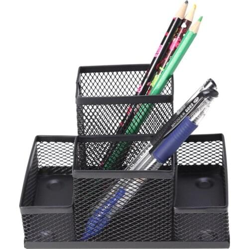 Stainless Steel Pen Holder Metal Mesh Pencils Organizer Four in One Combination Desk Stationery Storage Container for Home