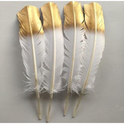 Hot Selling Wholesale 100pcs White+Golden Turkey Feathers 10-12 inch/25-30 cm DIY Jewelry Craft Making Home Decoration