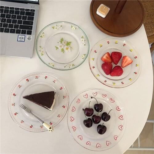 Korean Style Cute Retro Graffiti Love Tulip Glass Plate Afternoon Tea Dessert Dessert Plate Fruit Salad Plate Pasta Steak Dinner