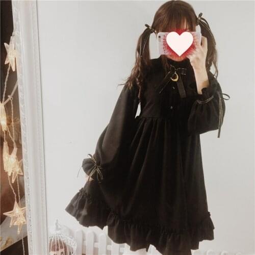 Moonlight Castle Cute Womens Color Black Gothic Lolita Dress Ribbon Bow Thick Chiffon Round Collar Dolly Dress One Piece