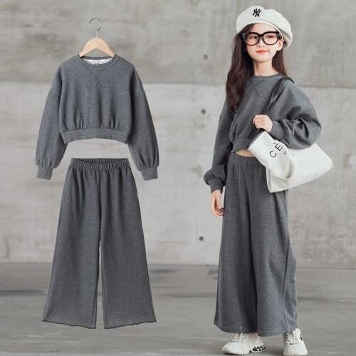 Fashion Girls Fall Outfits Cotton O-neck Short Sweatshirt & Loose Pants Grey Color 2pcs Sets Teenage Sport Suits Kids Tracksuit
