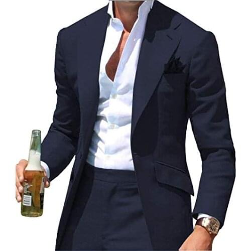 Costume Homme Navy Blue Mens Suits Casual Beach Groomsmen Wedding Tuxedos For Men Notch Lapel Formal Prom Suit (Jacket+Pants)