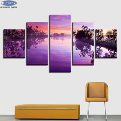 New Fashion diamond Painting 5 Pieces Purple Sunset Lake Landscape Diamond pictures of Rhinestone mosaic arts Decoration Home