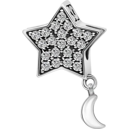 NEW 100% 925 Sterling Silver Vintage Black Cubic Zirconia Stone Star Beads Genuine Antique Hollow Moon Charm Fit Bracelet Girl