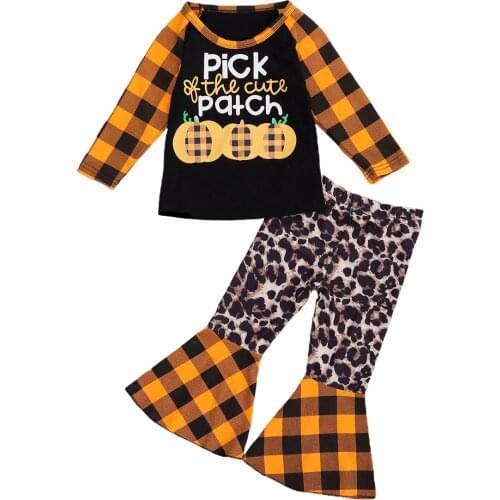 1-5Years Autumn Kids Girls Halloween Clothes Sets Pumpkin Print Long Sleeve Pullover Tops Flare Pants