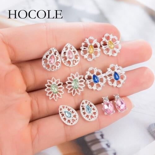 HOCOLE 6 Pairs/Set Multicolor Flower Droplet Crystal Stud Earring Set for Women Boucle D'oreille Jewelry Dazzling Earring Bijoux