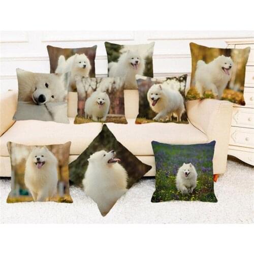 XUNYU Cute Pet Cushion Cover Samoyed Dog Throw Pillow Case Linen Cushion Cover Child Sofa Bed Decorative Pillowcase C0088