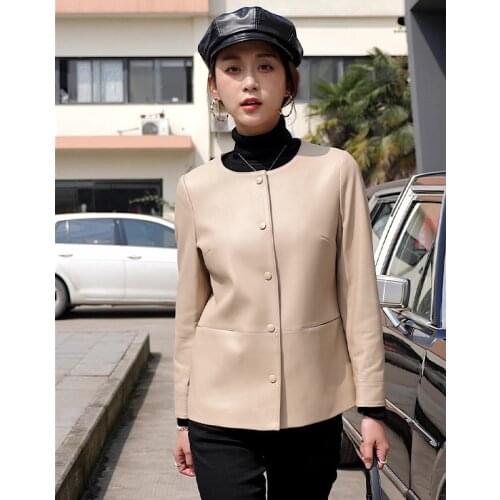 Spring Autumn Fashion New Sheepskin Jacket for Women Leather Casual Round Neck Khaki Sheath Short Covered Button High-end Coat