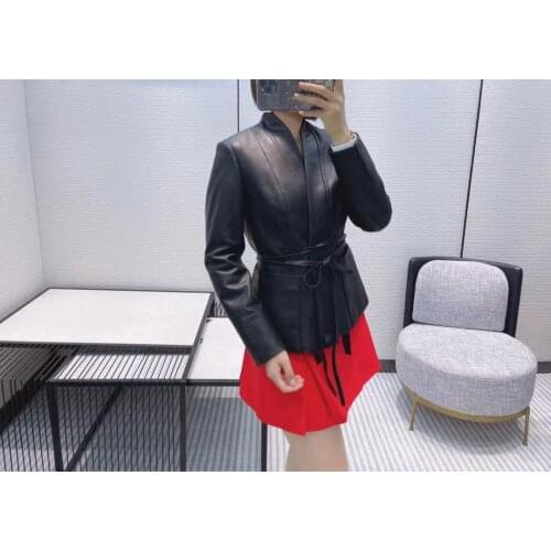High Quality 2021 Winter Black Real Leather Sheepskin V-Neck Belt Fashion New Womens Long Sleeves Jacket