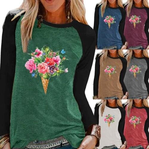 Ladies Autumn Fashion Flower Printing Casual Round Neck Long Sleeve Top Women Loose Raglan Sleeve Shirt Plus Size T-shirt