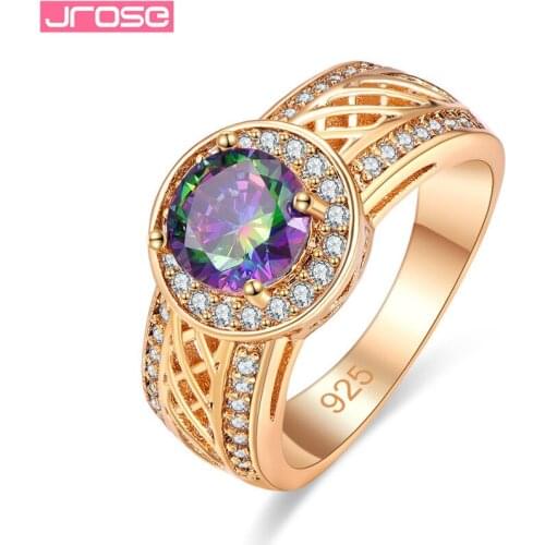 JROSE High-Quality Golden Multicolor Cubic Zirconia Silver 925 Jewelry Hollow Out Rings for women Sizes 6 7 8 9 Free shipping